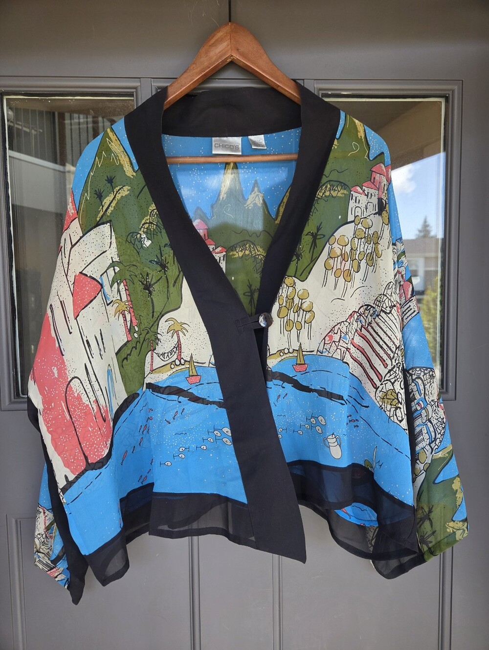 Chico's 100% Silk Sheer Cardigan One Button Mediterranean Landscape Art To Wear